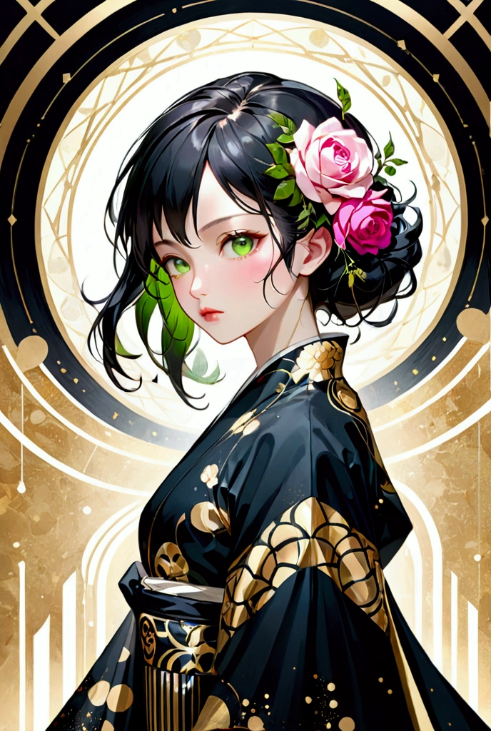 masterpiece, best quality, dynamic, cinematic, mystical, beautuful japanese girl, beautiful detailed eyes, beautiful detailed lips, extremely detailed eyes and face, long eyelashes, teacherly pose, advanced modern expressionism, rich textures, amalgamation of modern and classical influences, diverse materials, high contrast, pink rose, vivid colors, gold liquid splatter, emerald green background, breathtaking color palette, flowing elegance, sharp geometric symbolism, Leyendecker, Jackson Pollock splatter dynamics, Gustav Klimt ornamental gold, chiaroscuro, kaleidoscopic, multidimensional, ethereal glow, captivating uniqueness, surreal juxtapositions, visual symphony, unforgettable visual narrative, edgy, mathematical, simple-shaped vectors, highly modern, stylistic, polygonal abstraction, vector art, bold lines, minimalist color scheme, digital art, abstract geometry