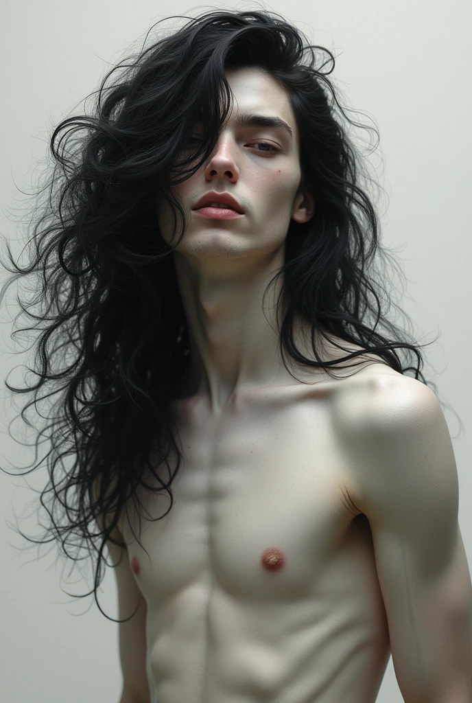 man with long curly black hair,pale skin nude full body