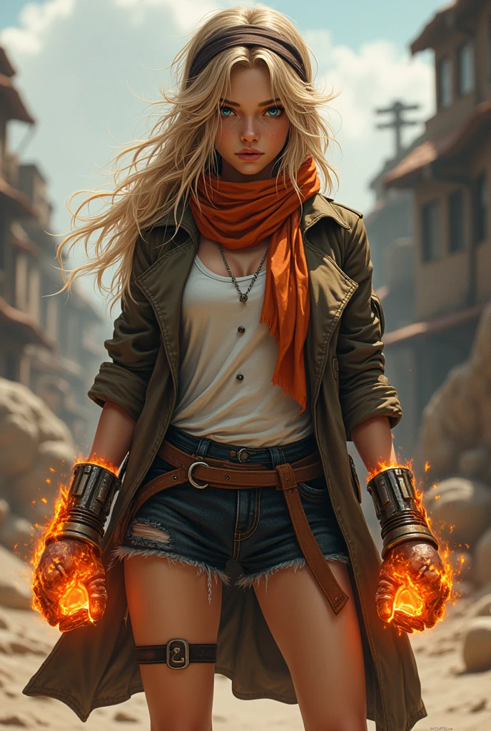 Solitary, 1 long-haired blonde girl, messy wavy hair, Dark brown bandana, Orange scarf, White shirt, Medium chest, Black denim shorts, dark brown trench coat, Black leg ring, Flame-wrapped fists, Mechanical gloves. Wild female boxer.
