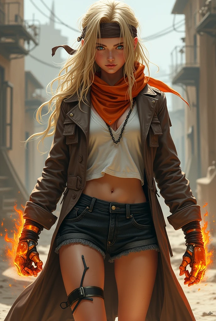 Solitary, 1 long-haired blonde girl, messy wavy hair, Dark brown bandana, Orange scarf, White shirt, Medium chest, Black denim shorts, dark brown trench coat, Black leg ring, Flame-wrapped fists, Mechanical gloves. Wild female boxer.
