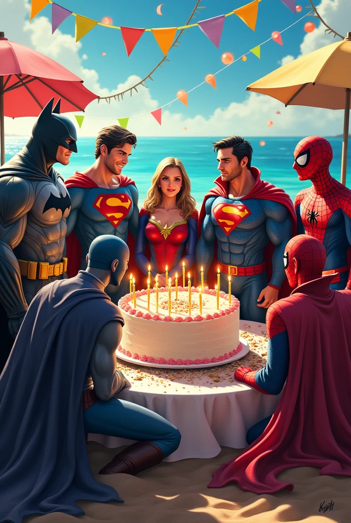 Batman, superman, Thanos, captain america , doctor strange , Spiderman, celebrating birthday, with cake , on beach