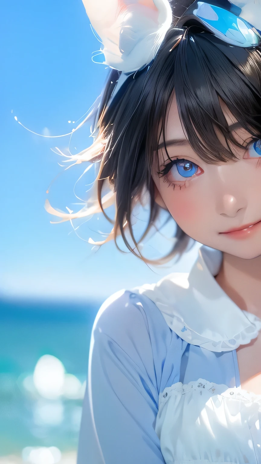 Highest quality、Realistic、、zoom、Women、a little child、cute、Light grey eyes、Black Hair、Short Hairstyles、Tanned brown skin、Dark Skin、Light blue micro bikini、Ocean、Captivating smile、Bust Shot、Small breasts