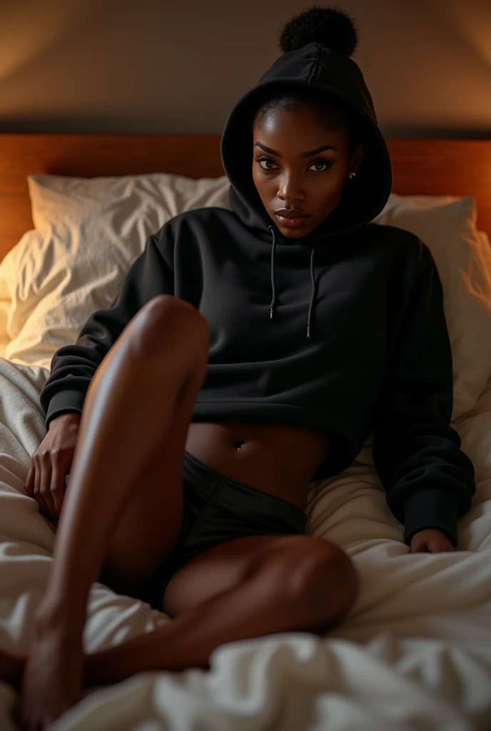 in between the legs of a black woman hair in a bun black hoodie black leather short shorts laying down in the bed very sexaul
