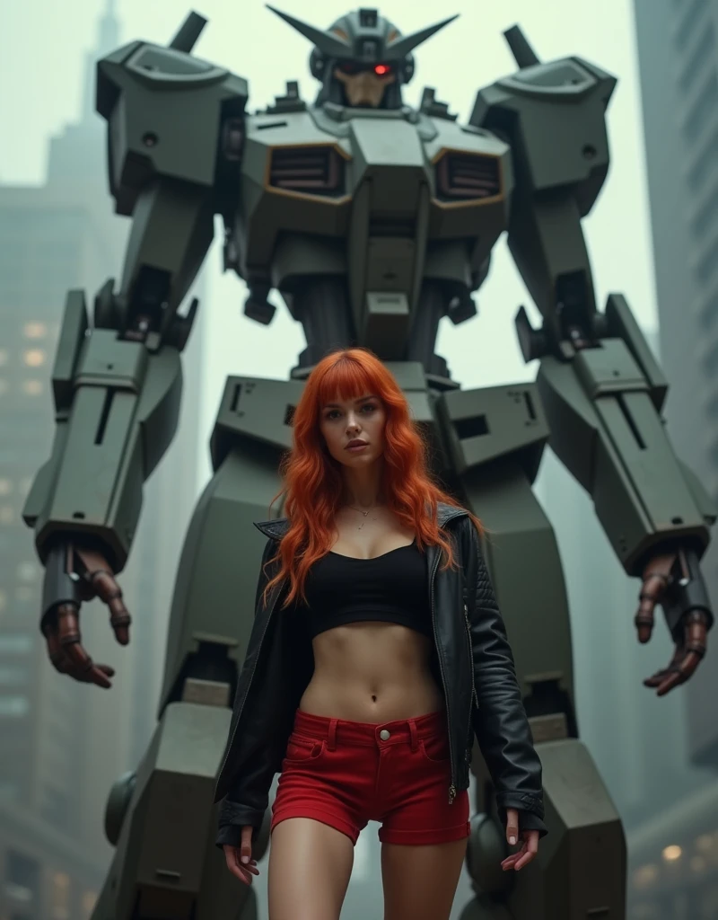 (Ultra high-definition imageidelity :1.2),Realistic,High quality,Movie Light,  full body, 1 gorgeous european redhead woman, (stands in front of a giant mecha robot:1.3)，she wears red shorts and black jacket, flirts with camera