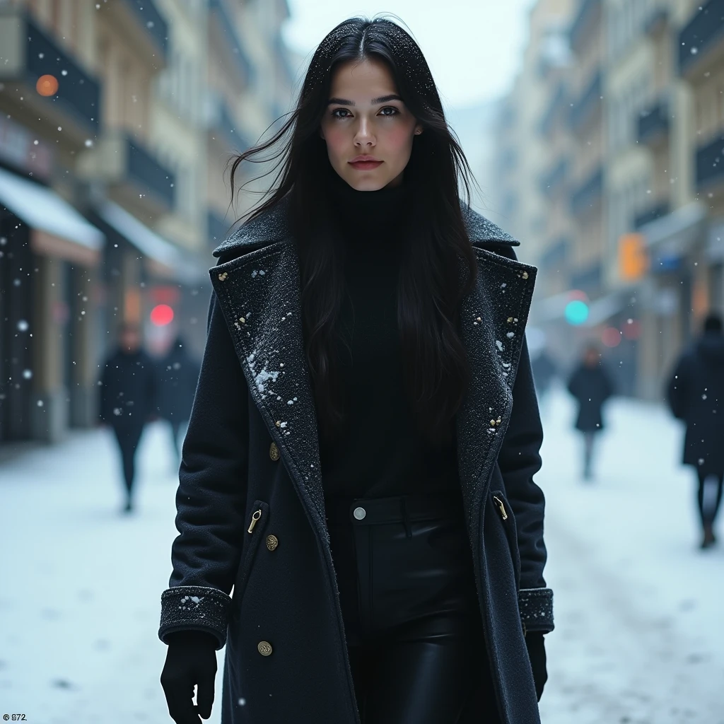 woman、30 years old、White、Long Hair、Black Hair、Straight Hair、Baby Face、Lonely、stoic、intellectual、Cold look、Lonely、Muscular、Winter clothes、coat、Streets of Europe