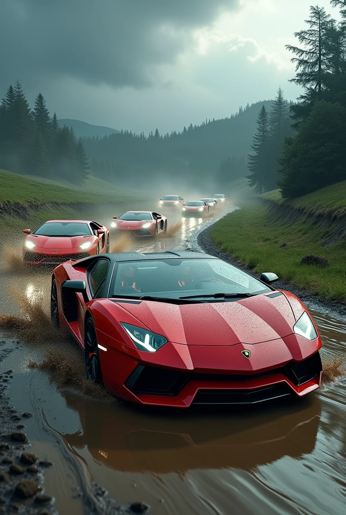 Cloudy and rainy day with Lamborghinis racing in the mud 