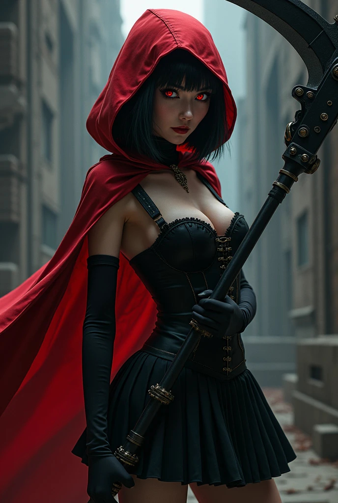 solo,Girl in red hooded cape,Black short hair,Bangs between the eyes,Red Eyes,Black corset,bring,Black pleated skirt,黑色吊bring,Wielding a black mechanical sickle