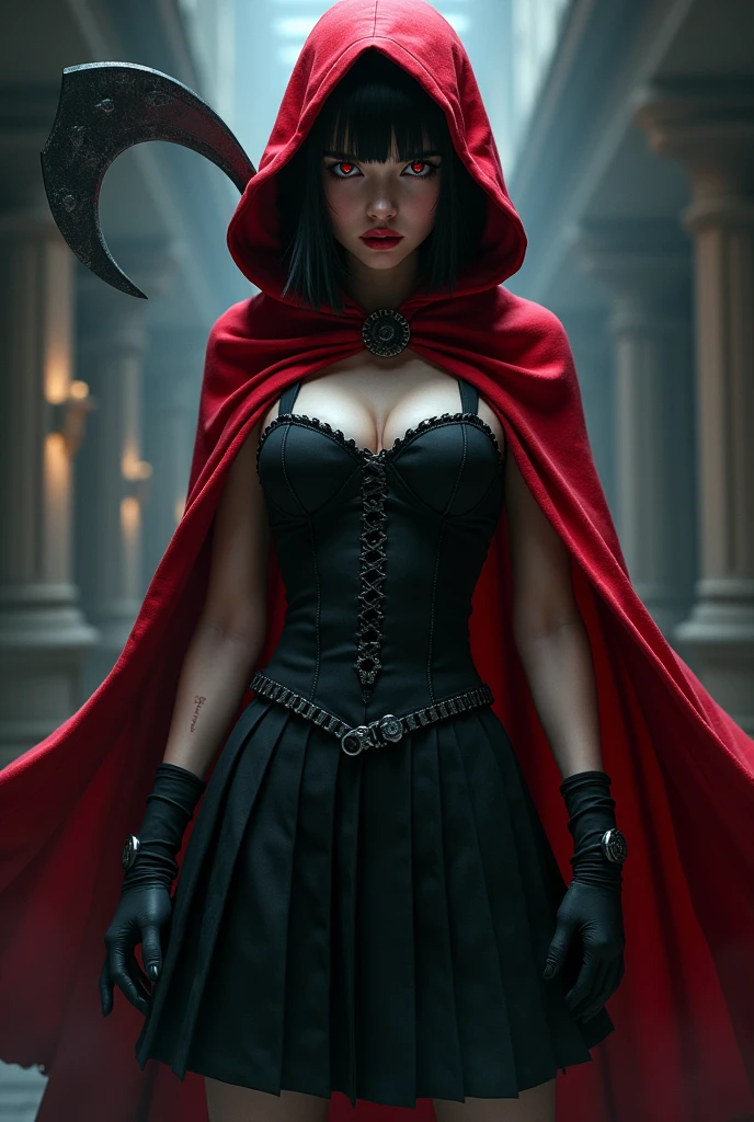 solo,Girl in red hooded cape,Black short hair,Bangs between the eyes,Red Eyes,Black corset,bring,Black pleated skirt,黑色吊bring,Wielding a black mechanical sickle
