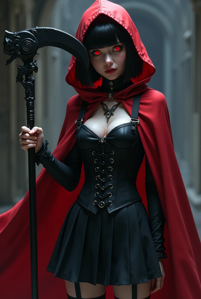 solo,Girl in red hooded cape,Black short hair,Bangs between the eyes,Red Eyes,Black corset,bring,Black pleated skirt,黑色吊bring,Wielding a black mechanical sickle