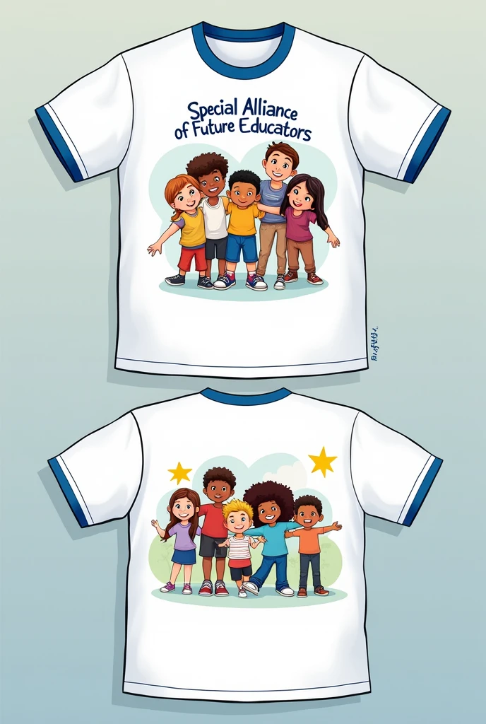 Design a t-shirt for a school organization named Special Alliance of Future Educators. Make the shirt color white with blue hems. Add designs about Special Needs Education. The front and back of the shirt. Make it very creative, add the kids with disabilities but in cartoon.
