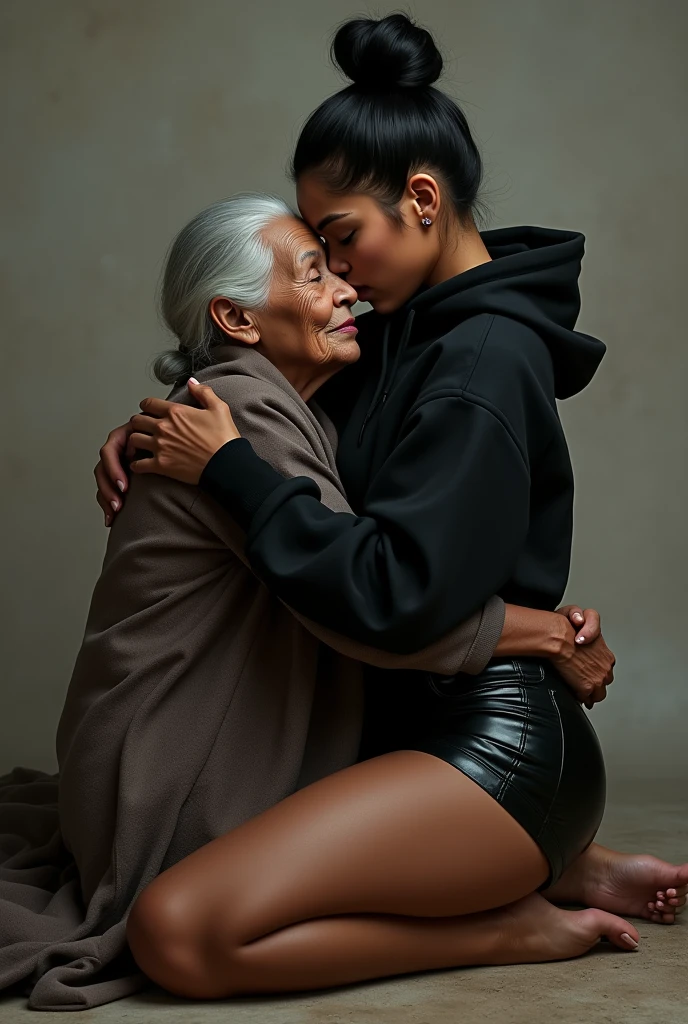 black woman hair in a bun black hoodie black leather short shorts a old grandma in a dress in between her legs kissing her pussy