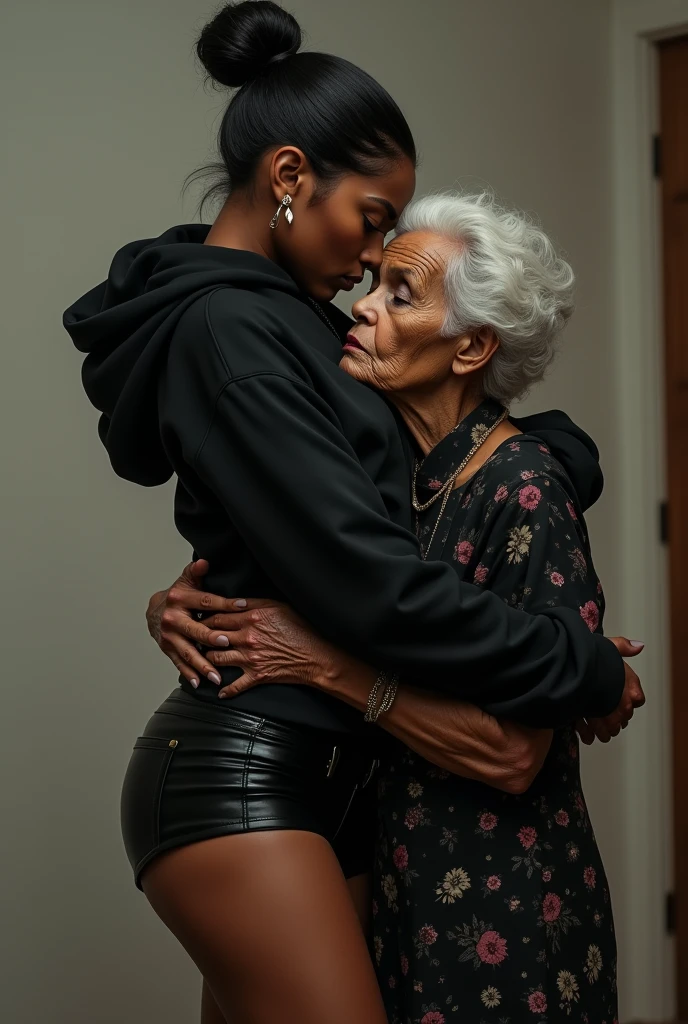 black woman hair in a bun black hoodie black leather short shorts a old grandma in a dress in between her legs kissing her pussy