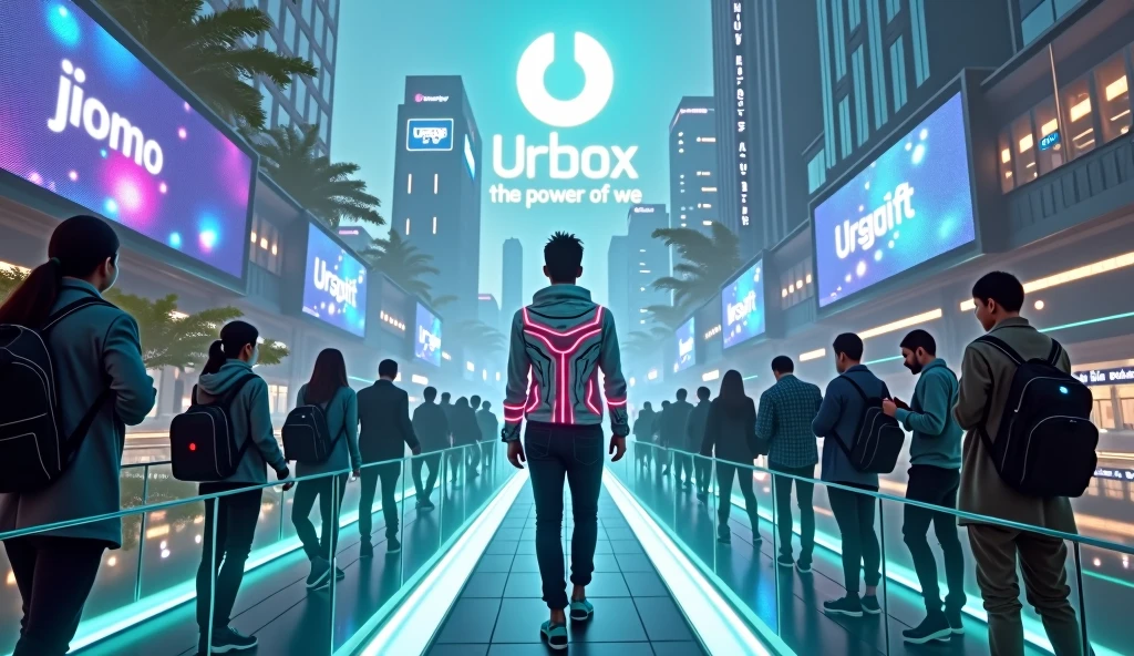 Panoramic ultra-wide angle camera The scene is a sci-fi futuristic city with modern architecture, sprawling trees, and blue-purple LED lights covering the buildings. In the sky, the UrBox logo and the words "The Power of We" shine brightly, right in the center of the image, powerfully in the middle of the scene, with silver, bright purple and green tones, emphasizing the connection between technology and people. Hologram billboards on buildings with the words "JOMO", "URGIFT", "PS", "URSTAFF", "URPOINT", "URCARD". The main character is an Asian male, wearing glasses, wearing a shiny silver tech vest with light glowing details. He stands firmly on the transparent glass bridge, turns his back, leading a group of people holding phones or laptops, in the same direction, holding smartphones,. Blue light beams from technology devices connect people and connect to the entire city