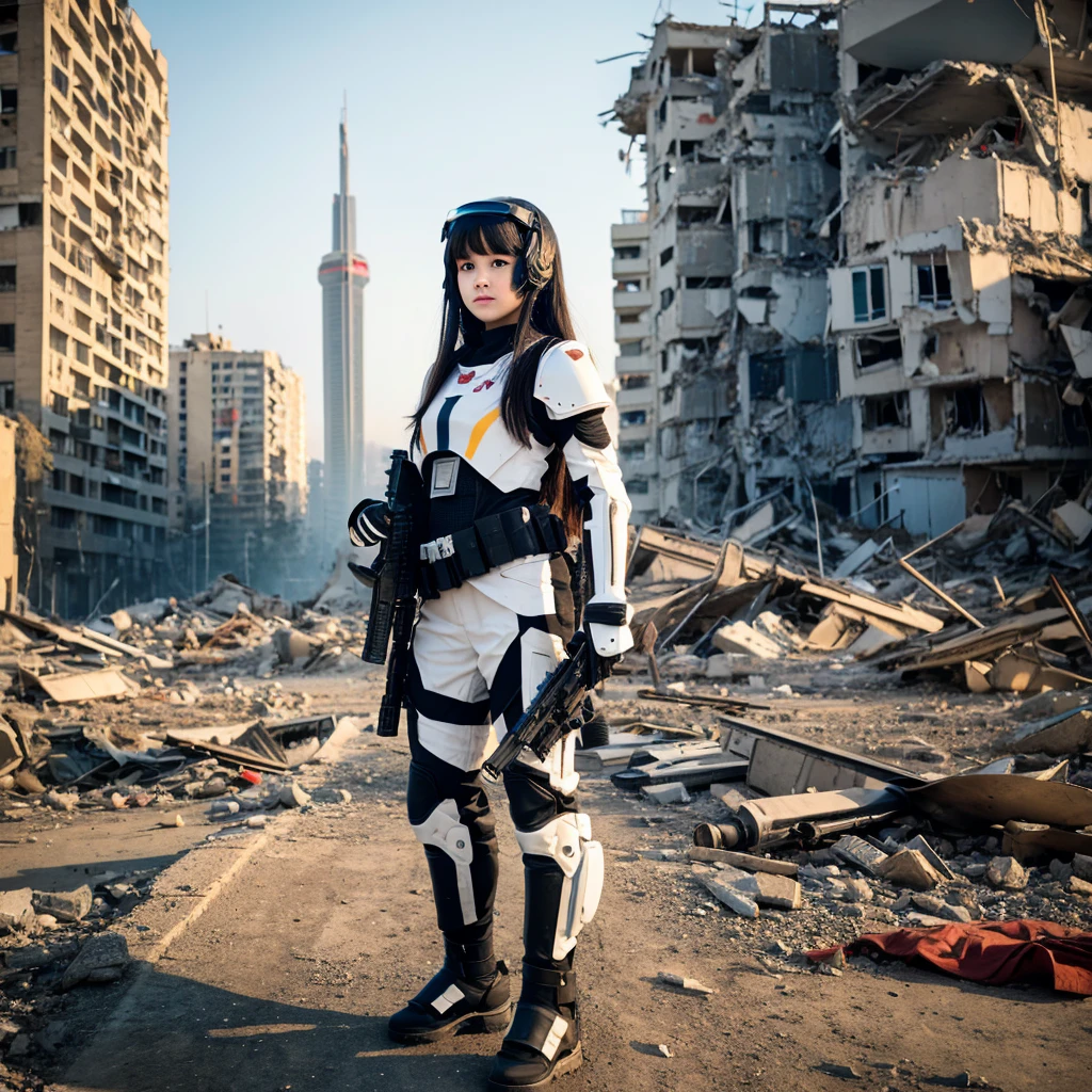 Full-length, young girl with black long hair and honey eyes, dressed in white futuristic armor with black patterns, on her shoulder a small symbol in the form of the flag of Georgia, holding a futuristic rifle in her hand, standing in the middle of a destroyed city, soldiers are visible in the background and spaceships are visible in the sky, the landscape of the Caucasus Mountains, night time.