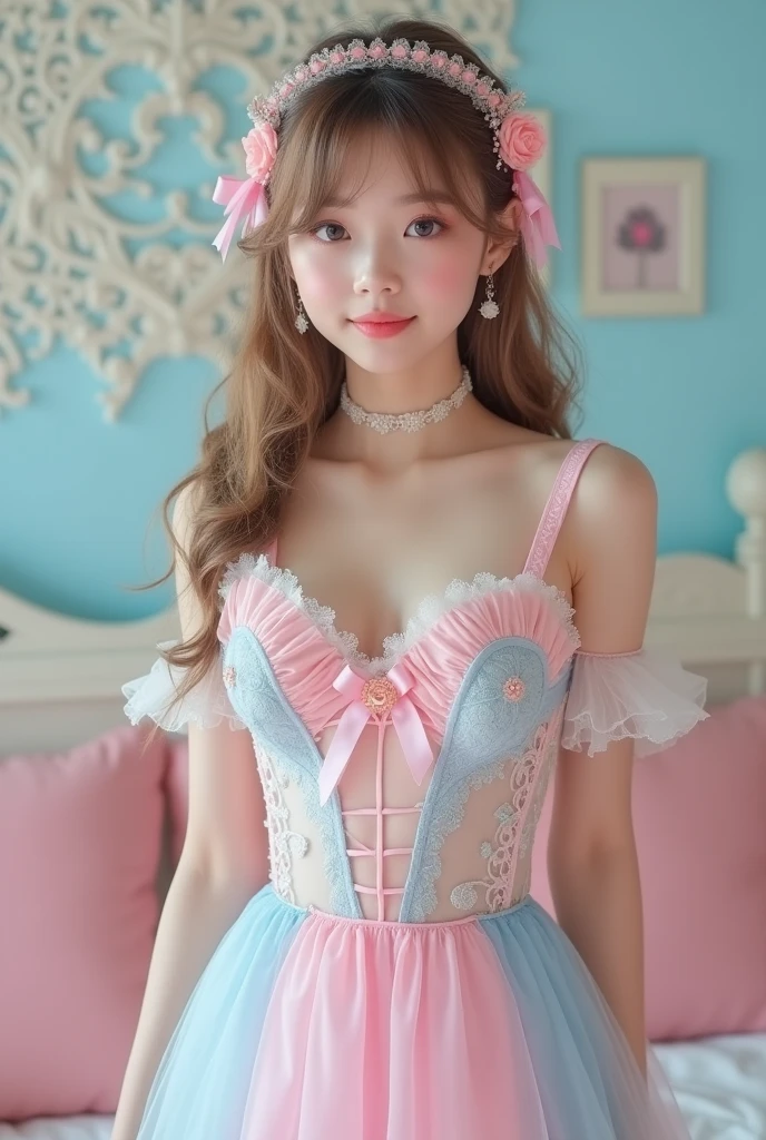 (Highest quality、masterpiece、8k、Best image quality、Hyperrealism、Award-winning works)、1 cute beautiful girl、(alone:1.1)、(1 photo:1.1)、(cute, Girlish, A high-end, sheer, light pink and light blue Lolita princess dress.:1.2)、(Cute girly big ribbon:1.1)、(Cute and luxurious hair accessories:1.1)、(A perfect see-through Lolita very short dress with attention to detail:1.3)、(A cute dress with frills and ribbons:1.1)、(cute lolita dress with lace decorations:1.1)、(Cute Girlish lolita wavy hair:1.1)、(Low length:1.1)、(height: 140cm:1.1)、(Very large breasts:1.5)、(Glamorous Body:1.5)、(Big cleavage:1.5)、(Pink Roses:1.1)、(cute heart symbol:1.1)、Cute Lots of frills、(Big cute ribbon:1.1)、Accentuate your body lines、Slender body、Standing Elegantly、(Pastel color Girlish and luxurious lolita room background:1.1)、(A fairytale lolita room with attention to detail:1.1)、(cute light blue decorative wall:1.2)、(cute room with a Girlish atmosphere in pastel colors:1.1)、(cute room with very bright and shiny pastel colors:1.4)、(A very bright and shiny room:1.2)、(Full of pastel colors:1.2)、(very bright and vivid:1.4)、(cute pastel color wall decoration:1.2)、Blurred Background、Standing Elegantly Girl、Accurate anatomy、(Perfect Makeup:1.1)、Long eyelashes、Glossy Lips、Ultra HD glossy skin、(Ultra-high definition, bright and beautiful skin:1.2)、(Super bright and radiant skin:1.2)、Ultra-high definition glossy lips、Ultra-high definition beautiful teeth、Light brown and blonde hair、Light brown eyes , beautiful legs, pink panties.