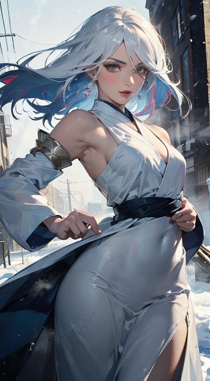 ((masterpiece, bestquality, ultra-detailed)), ((1girl)), ((beautiful white hair)), ((bright eyes, detailed eyes)), (parted lips), ((white eyelashes, multicolored eyelashes, white eyelashes, shadow)), small breasts, slim waist, original outfit (Rukia bankai), ice flower in hair, (( in a frozen city, snowing, snow particles, detailed scenery, dynamic pose, dynamic angle, dynamic pose, cinematic effect, realistic lighting)), hair between eyes, hair ornament, detached sleeves, starrystarscloudcolorful