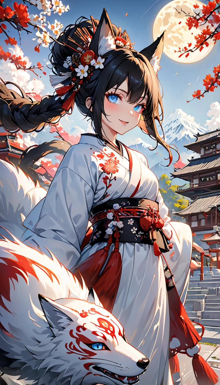Ink painting, (((1 girl))), (((Tattoo in the middle of the forehead))),(((In the background is the Akatsuki moon))), (((Oiran))), (((Great hair accessories))), Demon possession, ((Masterpiece:1.2)), ((Highest quality)), Extremely detailed and delicate illustration style, Detailed leather texture, Detailed canvas texture, Very detailed description, (Masterpiece T), Extremely beautiful illustration, Highly detailed face, Raw image, professional, Ultra-high resolution panel, Complex details, Superior detail, Intricate decoration details, Perfect anatomy, real, (Very beautiful and cute black and white colored fox woman or girl with blue eyes wearing kimono), ((آذان الثعلب black hair, White hair, multicolor, the beautiful)), (Beautiful black and white colored fox tail), (black hair, White evil, Beautiful and shiny), (((She has claws on her hands.))), (((She has long fangs.))), (Beautiful and clear blue eyes), (Beautiful detailed eyes:1.6), (Traditional black and white detailed costume), Front view, White flower kimono, Black white colorful hakama long skirt, A maxi skirt, Modestly dressed, He smiles, ((Standing and looking at me)), ((The day)), (Extremely detailed and beautiful Japanese temple construction), (8K Highest quality wallpaper), (Extremely detailed and delicate background)
