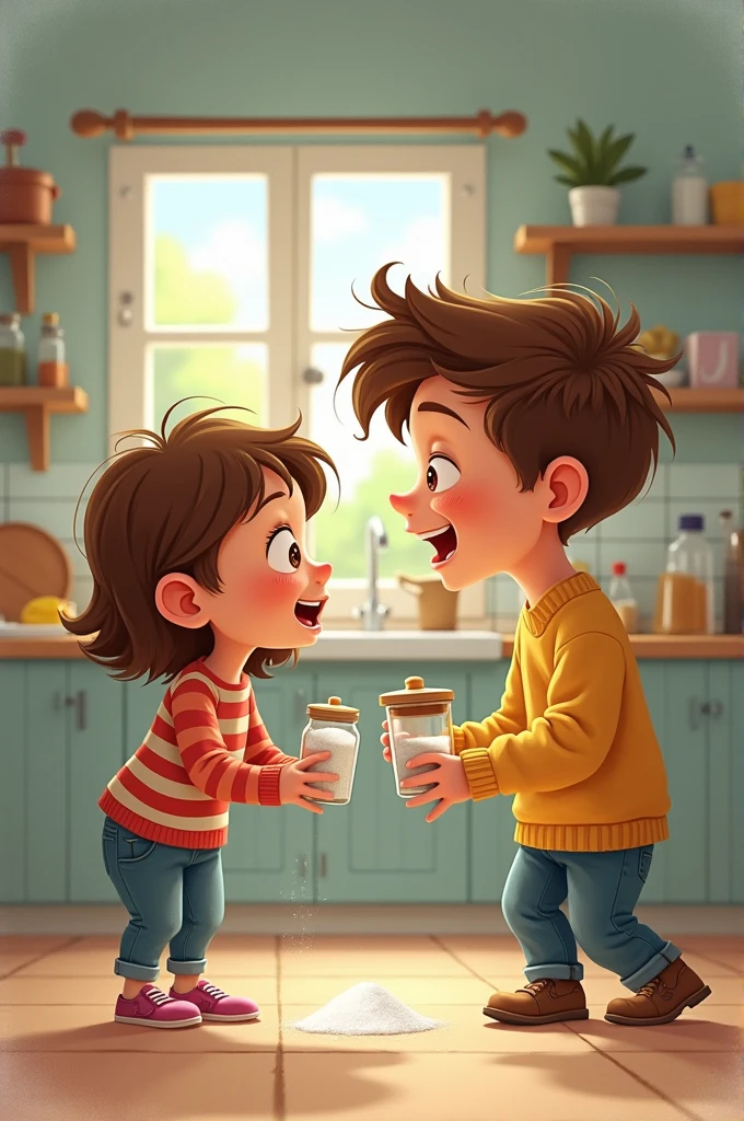 "Describe a moment where two mischievous siblings, Tom and Lily, hatch a plan to prank their parents by swapping sugar with salt. Capture their excitement and sneaky behavior as they set up the prank.