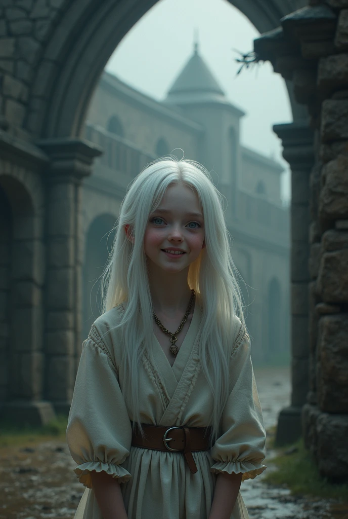 year Teen girl, albino, dark, Middle Ages, happy