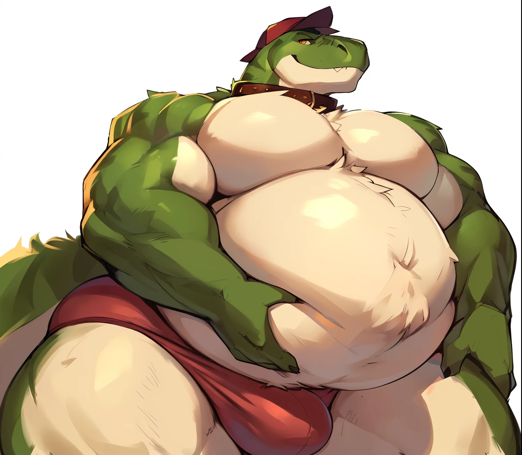 Profile picture of a ((Solo)), 1 boy, male, very largest, ((bara)), buff, extremely thickened overweight body, ((((1500 pounds)))):2, ((((((massive fluffy belly)))))):1.5, (((((massive thighs, massive curves, massive pecs, massive biceps))))):2.5, ((((green)))), fluffy, ((hunky)) (((Dinosaur))) with, (((dinosaur snout))):1.3, wearing collar, cap and ((maroon briefs)), (bulge, very detailed crotch bulge, bulging), holding belly, looking at viewer, cute smirk, simple background, by zackary911, by darkgem, posted on e621, posted on FurAffinity