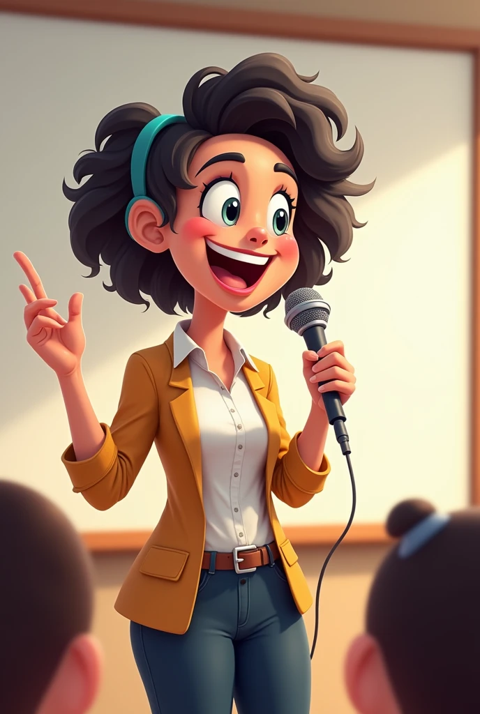 Teacher holding microphone speaking close up (cartoon)