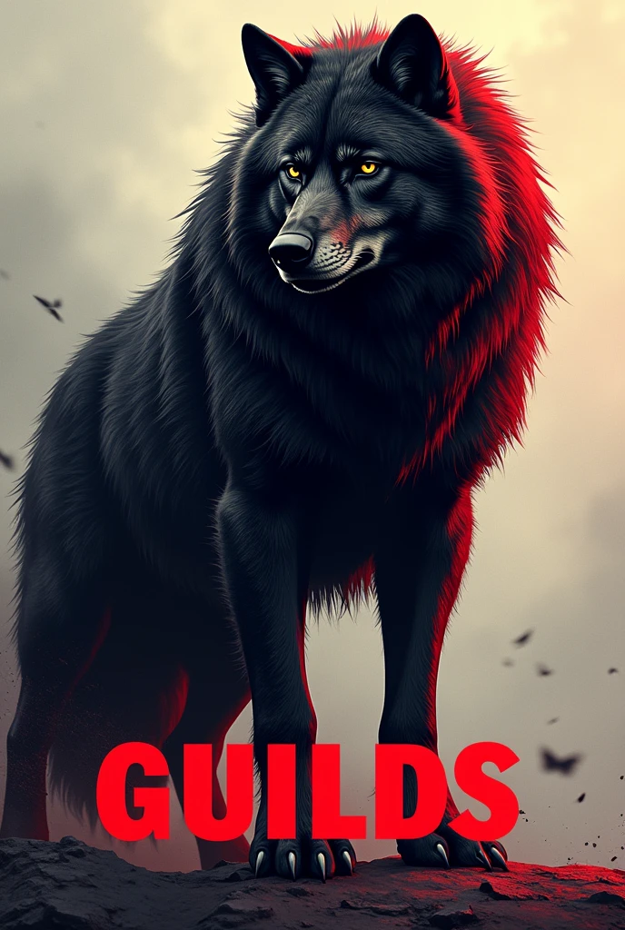 Beautiful intimidating wolf with a fierce posture, well detailed in black and red with the name of my guild below the wolf RED SPORTES