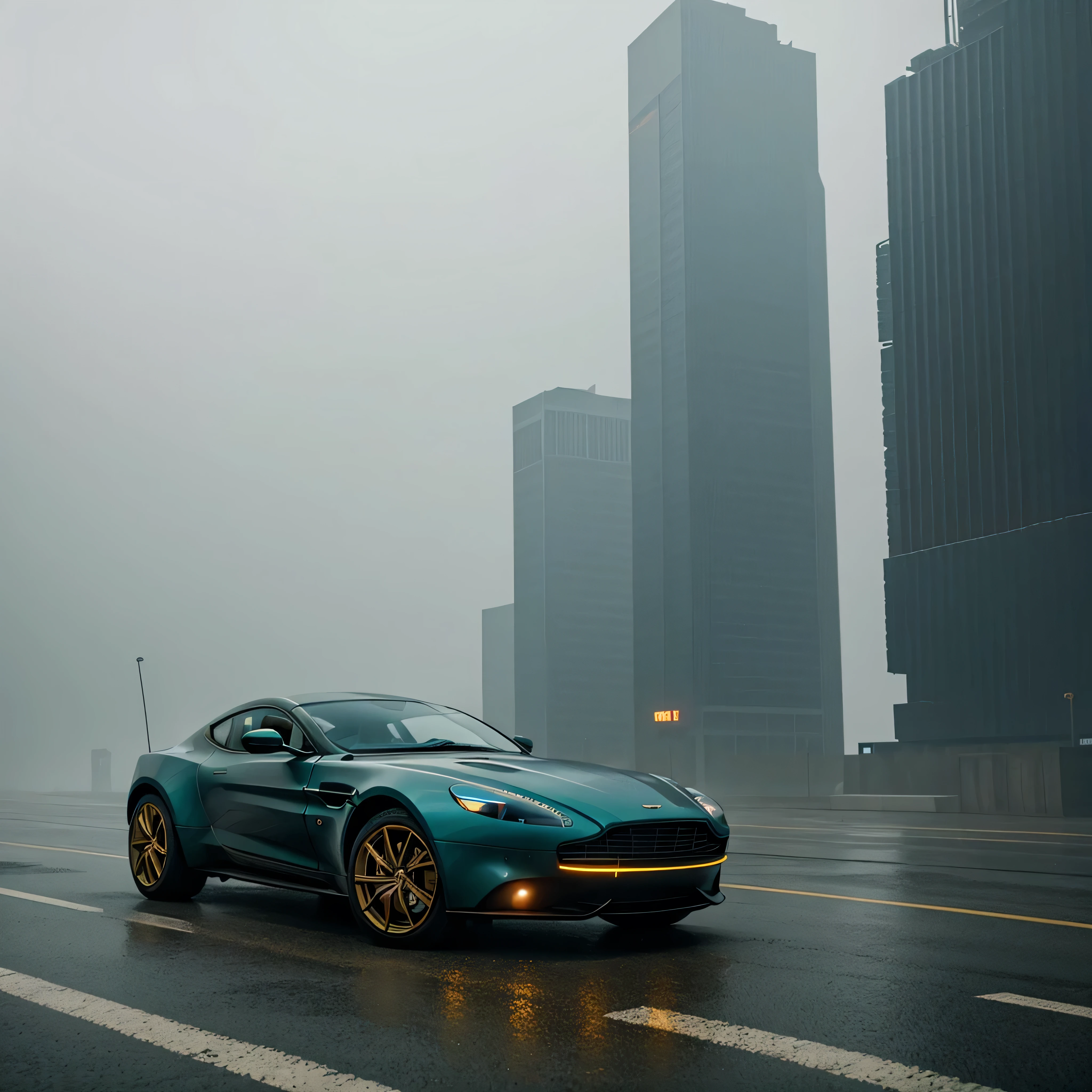 Scenic Cenamic scene from blade runner 2024 movie, minimal fututistic aston martin parked in mist landscape, ultra minimalistic , hyper-realistic, mirrorless, depth of field, golden proportion