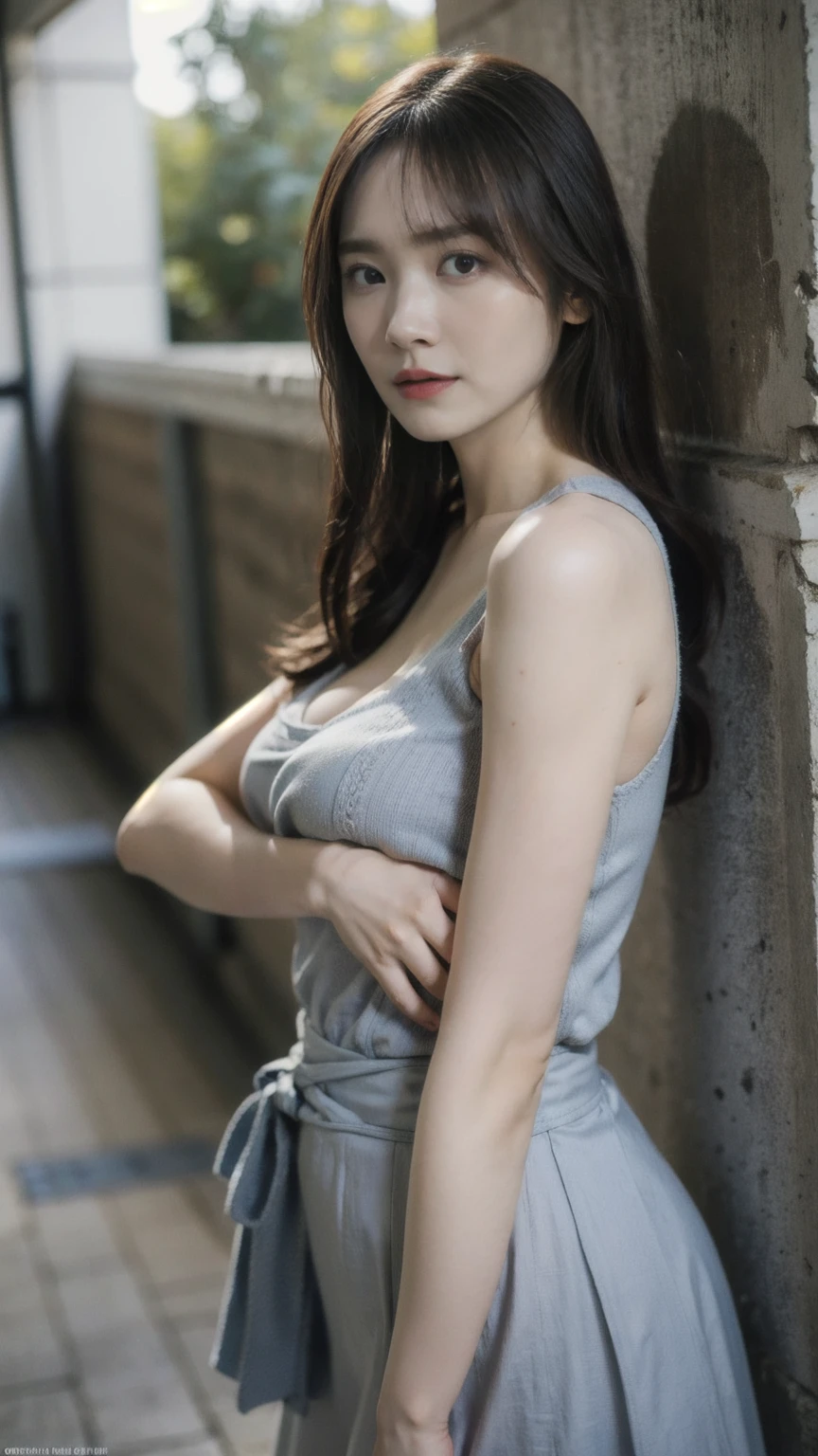 ((1girl)), woman, masterpiece, best quality, highest quality, cinematic lighting, (volumetric lighting), extremely detailed CG unity 8k wallpaper, focused, 8k wallpaper, extremely detailed, ultra realistic, photorealistic, sharp focus, absurdres, (HDR:1.2), (high contrast), photograph, detailed and intricate, instagram, portrait, highly detailed, digital painting, artstation, concept art, smooth, sharp focus, illustration, cinematic lighting, (big breast:1.2), (((skinny, slim legs))), (japanese idol posture), (knit strap tanktop, micro skirt, open shoulder, cleavage), looking at the viewer, ((indian pose)), ((Medium body shot, hip level shot)), long hair, ((leaning on a wall)), beautiful eyes, open thighs