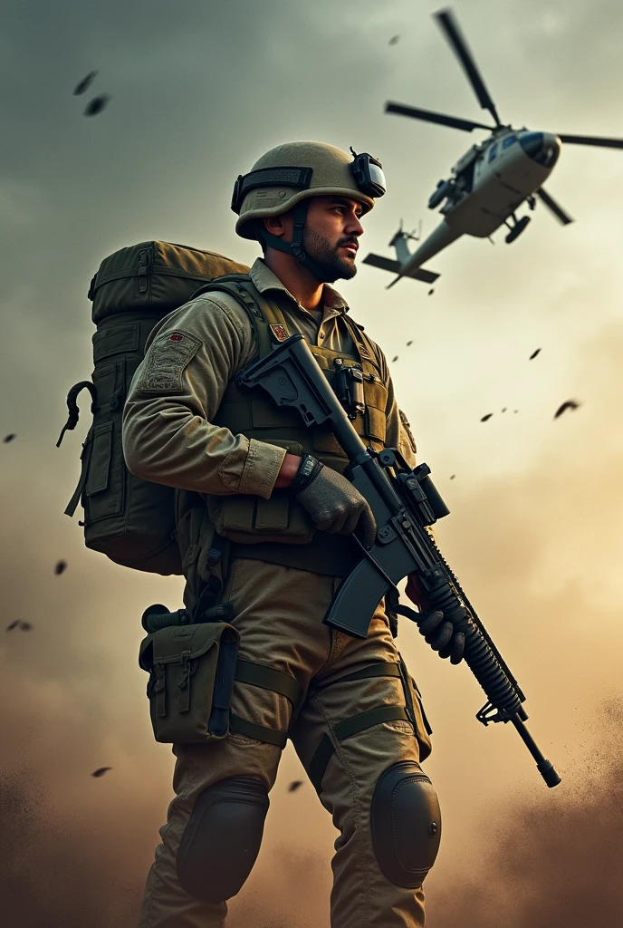 soldier fleeing a war helicopter, gun in hand, painted face, muscular arms, explosions on the sides, people lying on the ground, high definition, 1080p, cinematic --auto --s2