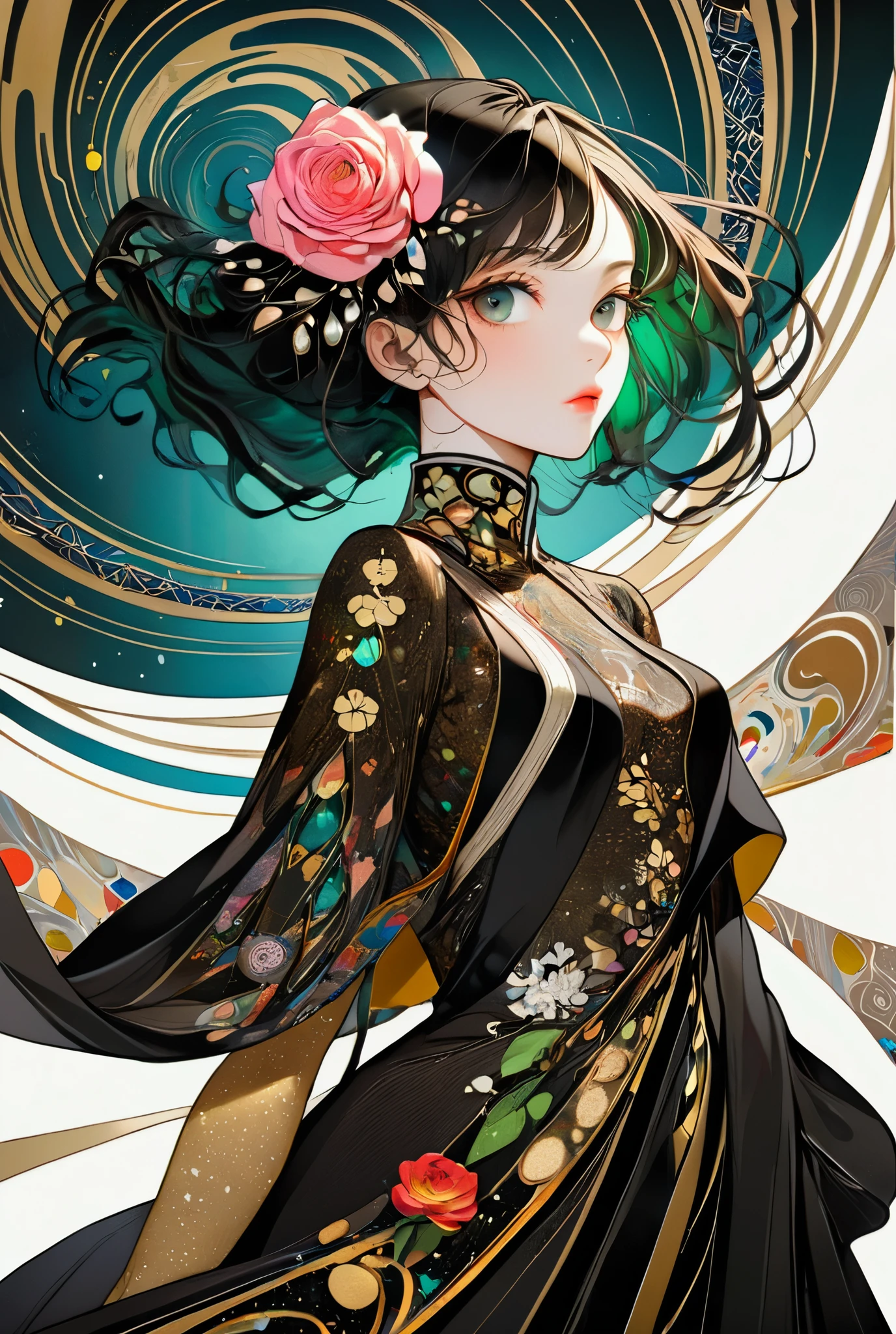 masterpiece, best quality, dynamic, cinematic, mystical, beautuful japanese girl, beautiful detailed eyes, beautiful detailed lips, extremely detailed eyes and face, long eyelashes, teacherly pose, advanced modern expressionism, rich textures, amalgamation of modern and classical influences, diverse materials, high contrast, pink rose, vivid colors, gold liquid splatter, emerald green background, breathtaking color palette, flowing elegance, sharp geometric symbolism, Leyendecker, Jackson Pollock splatter dynamics, Gustav Klimt ornamental gold, chiaroscuro, kaleidoscopic, multidimensional, ethereal glow, captivating uniqueness, surreal juxtapositions, visual symphony, unforgettable visual narrative, edgy, mathematical, simple-shaped vectors, highly modern, stylistic, polygonal abstraction, vector art, bold lines, minimalist color scheme, digital art, abstract geometry