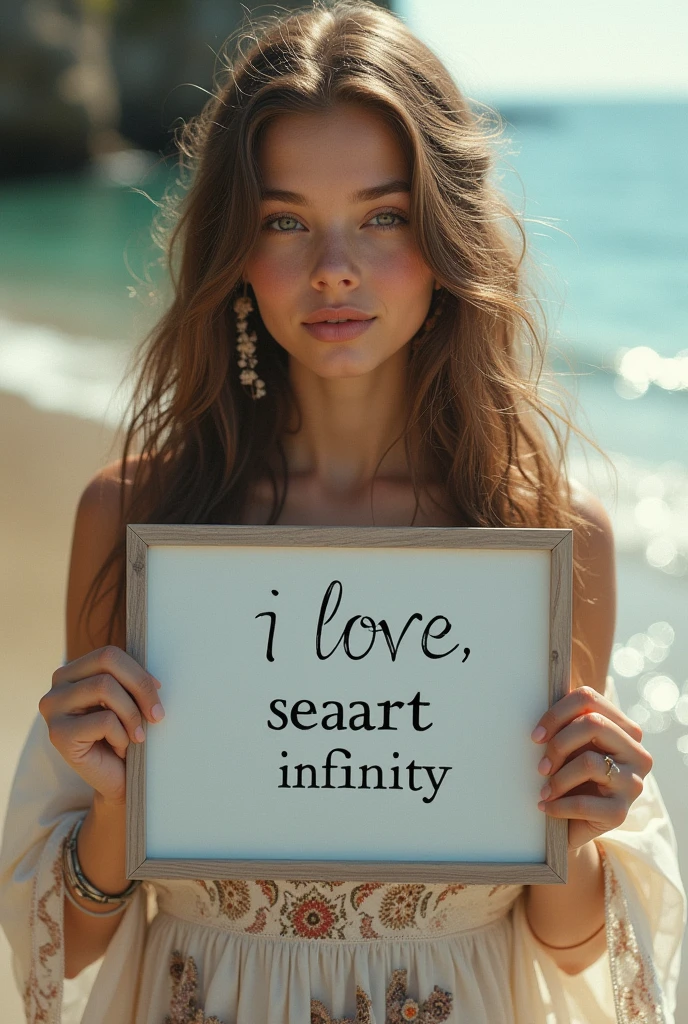 Beautiful girl with wavy long hair, bohemian dress, holding a white board with text "I Love Seaart Infinity" and showing it to the viewer