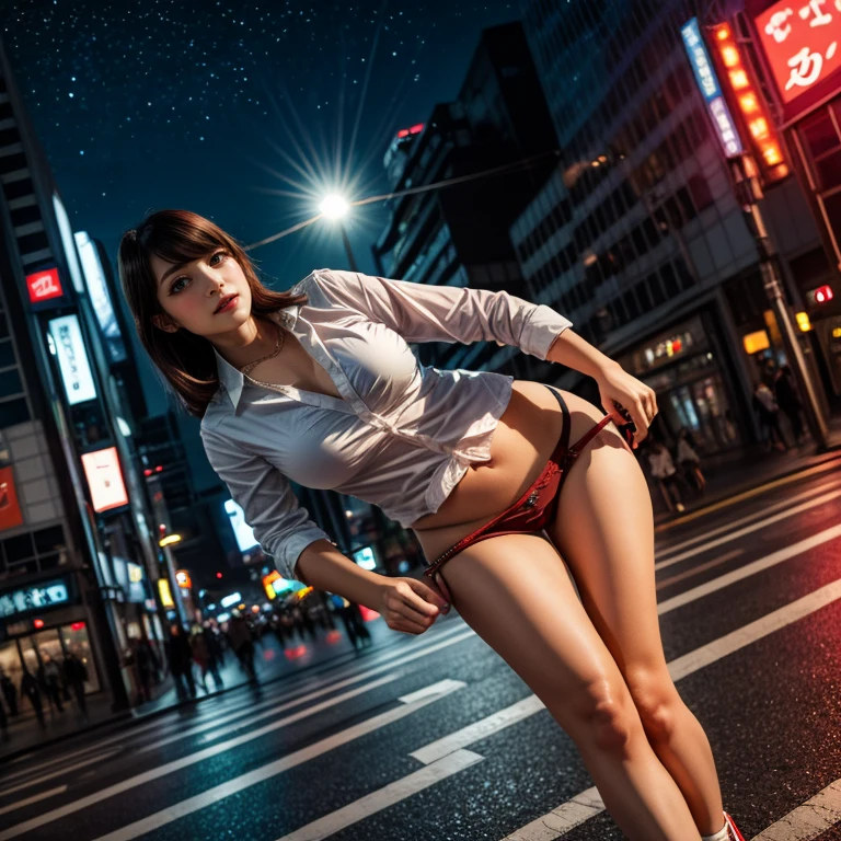 TopQuality 8K UltraDetailed Masterpiece(ProfessionalPHOTO:1.37), ExtremelyDetailed(Office Ladies), Gigantic Cleavage, Undressing ((pull down panties:1.28)) ((panty pull)) (wearing a skirt:1.2), Dusk {((Shibuya Scramble Crossing)) | Large Screen | White Shirt | Blood Stained panties | Red Shoes}, (Acutance:0.8)(Luminism), Specular reflection, Starry Colorful Particles