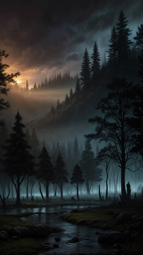 realistic dark oil painting of a medieval village at sunrise, moss, mist, misty, Eyeshadow, misterious, myth, dark, Light shining through the forest, surrounding, Depth of Field, Volumetric Lighting, Movie Lighting, Moody, heavy darkness, Black sky, low angle perspective, Courtesy of Evander Earle