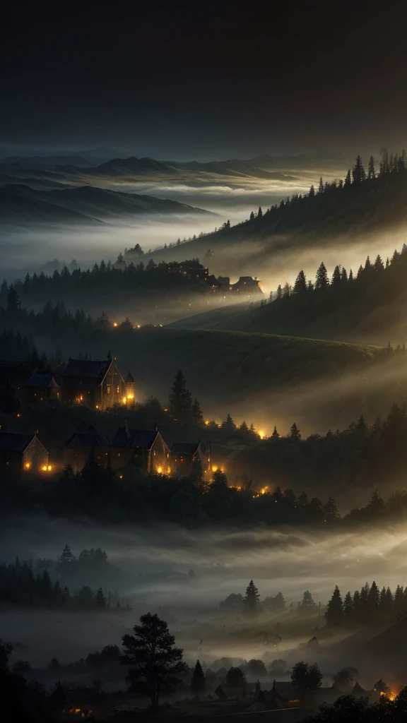 realistic dark oil painting of a medieval village at sunrise, moss, mist, misty, Eyeshadow, misterious, myth, dark, Light shining through the forest, surrounding, Depth of Field, Volumetric Lighting, Movie Lighting, Moody, heavy darkness, Black sky, low angle perspective, Courtesy of Evander Earle