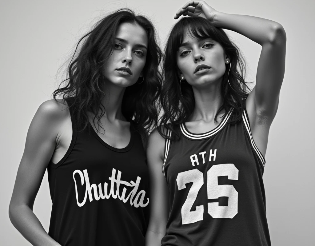 Photos of  girls wearing skater fashion. She is wearing a black and white tank top. They are standing side by side, one person raising their hand