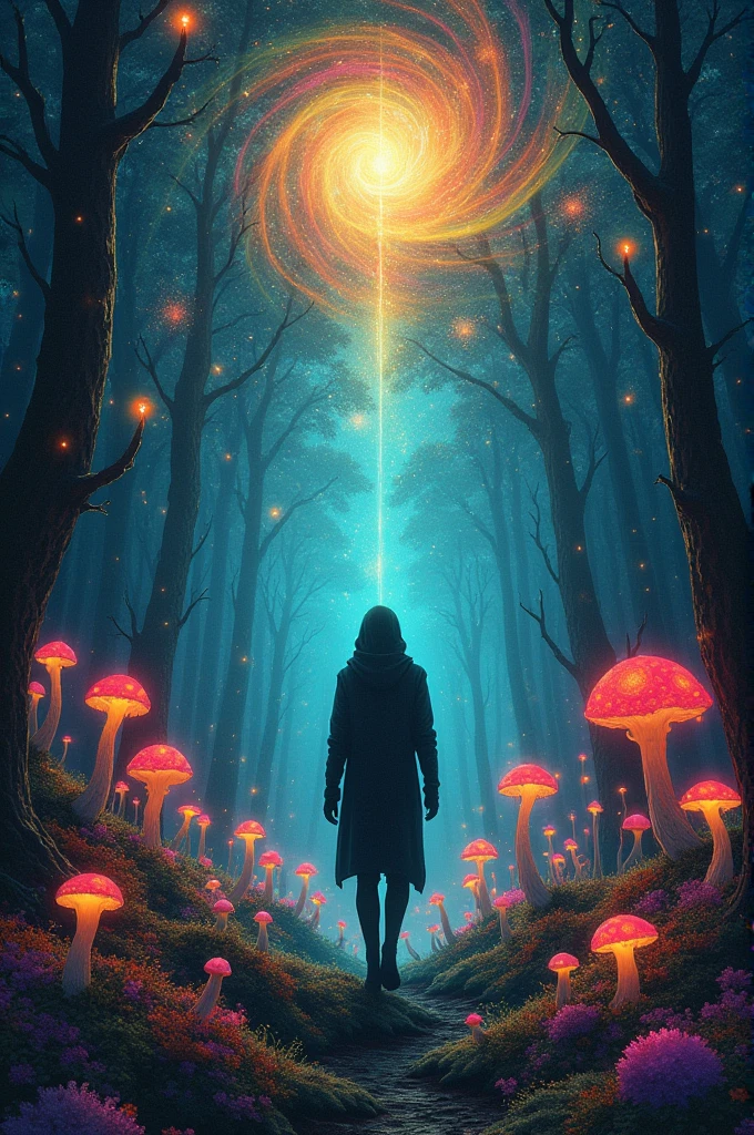 Create the image of some human being or some humanoid. You don't need to show the face. It can be the silhouette of that person in a colorful forest of mushrooms and above it a direction as if the person were going into space with psychedelic images of the Interlar universe, a spiritual connection and try to make a somewhat dark image.