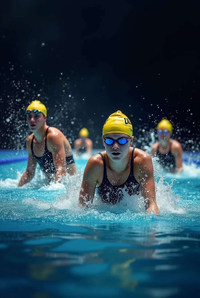 Design a poster for an event that provides a platform for the specially-abled to showcase their talents to the broader, more privileged society. In this show some Paralympic athletes playing swimming (show multiple players in one frame while swimming in portrait size)(Make it a darker+ light side touch)