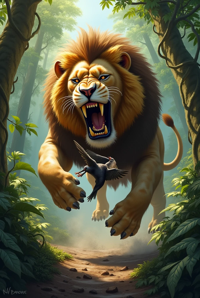 Scary lion eating bird in jungle