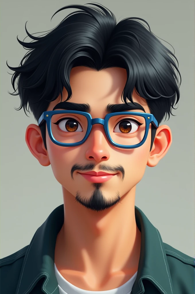 I&#39;m a guy with short, black, wavy hair with an American cut., with very black eyebrows, with a round face and a little cheeks, lips a little thick, I wear blue framed glasses with square lenses. I&#39;m 2 and I like games, thin black mustache and beard. In a somewhat Asian style I don&#39;t wear earrings.