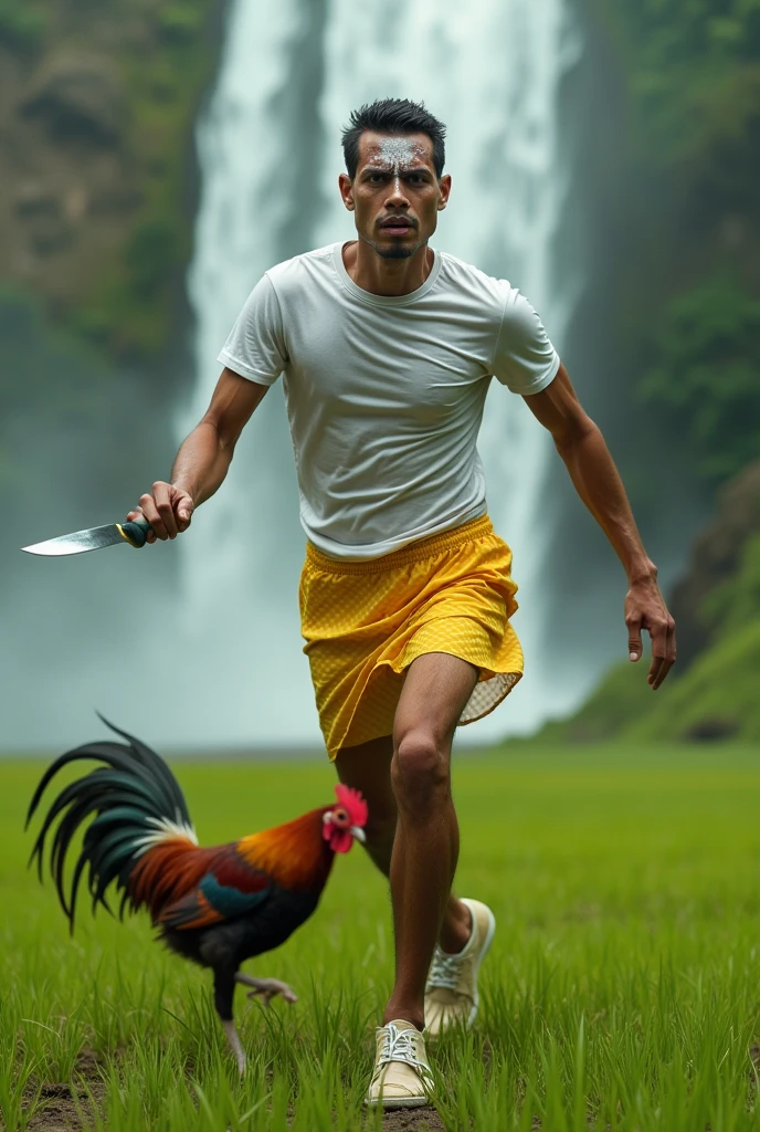 A very angry man inside the forest eating a black chicken