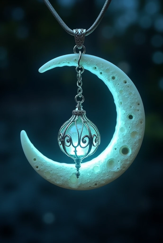 This is an enchanting crescent moon necklace, featuring a glowing, luminescent design. The crescent moon pendant is large and dominates the design, curving gracefully with a delicate filigree pattern that adds intricate detail to its surface. The crescent has a soft, radiant Prismatic glow that emanates from within, creating a magical and otherworldly effect. Hanging from the inside of the crescent moon is a small, spherical crystal or orb, encased in an ornate, silver metal cage. The orb also emits a faint Prismatic glow, harmonizing with the light of the crescent moon. The metal cage surrounding the orb is intricately designed, with delicate swirls and loops that add a touch of elegance and complexity. The pendant is attached to a fine, silver chain that complements the overall design. The chain is simple and unobtrusive, allowing the focus to remain on the glowing crescent moon and orb pendant. The overall aesthetic of the necklace is mystical and celestial, perfect for someone who appreciates unique, fantasy-inspired jewelry with a touch of magic.