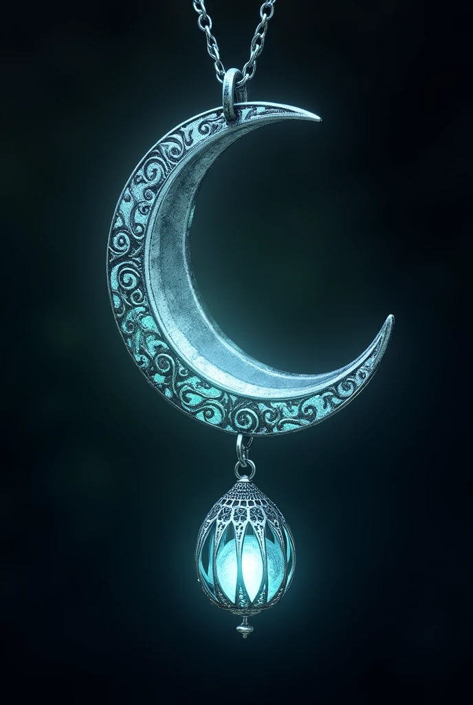 This is an enchanting crescent moon necklace, featuring a glowing, luminescent design. The crescent moon pendant is large and dominates the design, curving gracefully with a delicate filigree pattern that adds intricate detail to its surface. The crescent has a soft, radiant Rainbow glow that emanates from within, creating a magical and otherworldly effect. Hanging from the inside of the crescent moon is a small, spherical crystal or orb, encased in an ornate, silver metal cage. The orb also emits a faint Rainbow glow, harmonizing with the light of the crescent moon. The metal cage surrounding the orb is intricately designed, with delicate swirls and loops that add a touch of elegance and complexity. The pendant is attached to a fine, silver chain that complements the overall design. The chain is simple and unobtrusive, allowing the focus to remain on the glowing crescent moon and orb pendant. The overall aesthetic of the necklace is mystical and celestial, perfect for someone who appreciates unique, fantasy-inspired jewelry with a touch of magic.