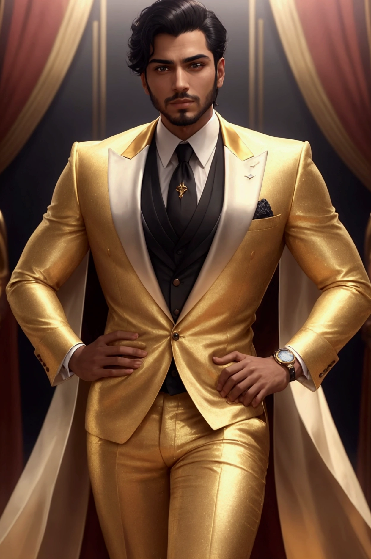 Ali after the deal: After the pact with the devil, Ali appears elegantly and luxuriously dressed, perhaps wearing a carefully tailored suit and a gold watch. His facial expressions are full of confidence, and he appears to be living a luxurious life, such as being at a big party, or in a luxurious office, or next to a shiny sports car, which reflects the quick wealth and great success that he achieved.