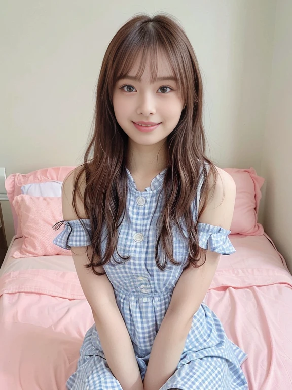 photo realistic, best quality, masterpiece, photo of over the knees, a Japanese pretty girl, pretty face, symmetrical eyes, eye contact, smile, petit, flat chest, blue gingham check dress, bed room