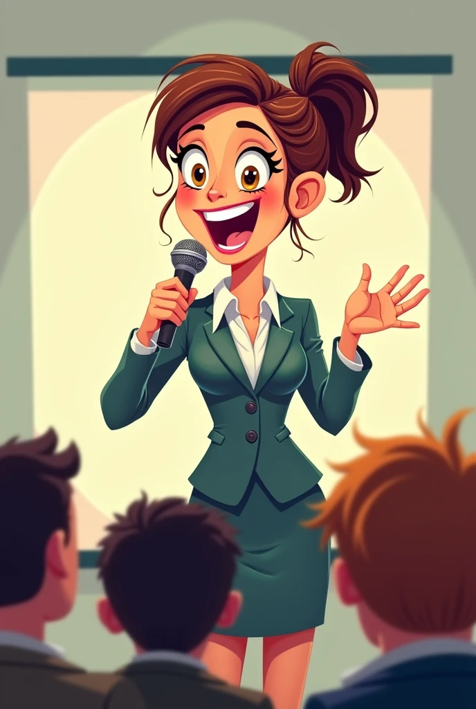 Teacher holding microphone speaking close up (cartoon)