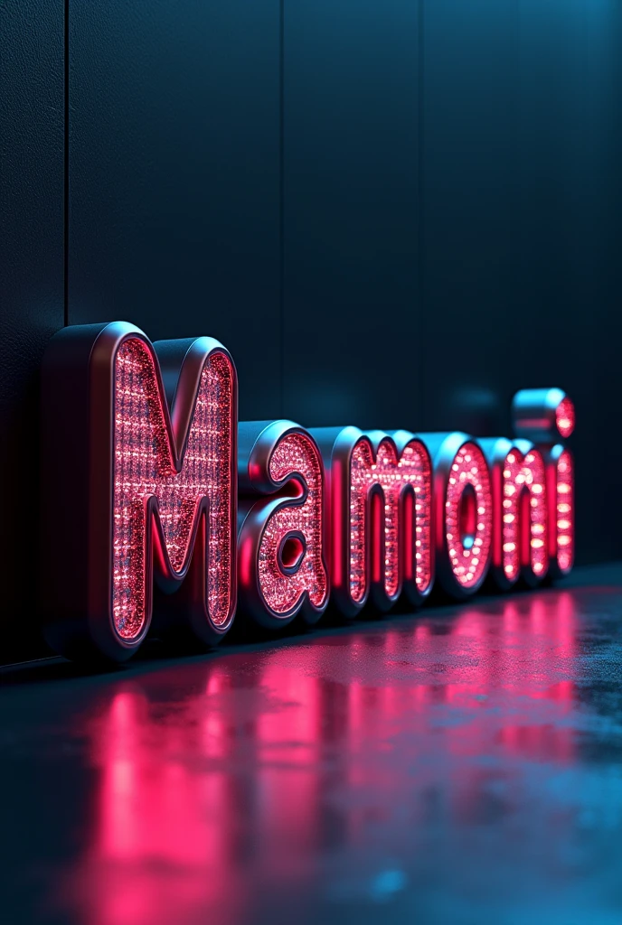  Create a vibrant 3D scene with SMART GRAPHIC Mamoni large 3D text logo. background should black wall make sure name is not misspelled