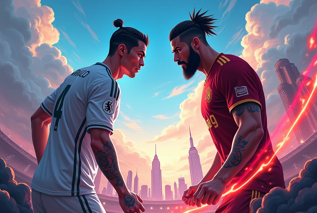 make me a picture of Cristiano ronaldo vs youtuber mr.beast facing each other, with an anime style picture, make a picture with size 1280x720