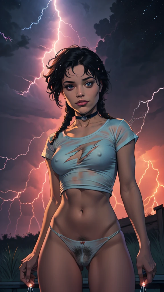 one girl, solo, slender body, fit body, (bust:1.3), (black eyes, beautiful eyes:1.3), black hair, (two cute braids:1.2), masterpiece, highly detailed, look at viewer, front view, (small breasts, tiny breasts, male chest:1.1), (white t-shirt, transparent panties, choker:1.4), (studio lights, fractal art, bright colors, splashes of color background, colors mashing, paint splatter, complimentary colors, neon, compassionate, limited palette:1.1), expressing joy, (dark sky background, thunder, lightnings, electric:1.4), (hairy pubic:1.5)