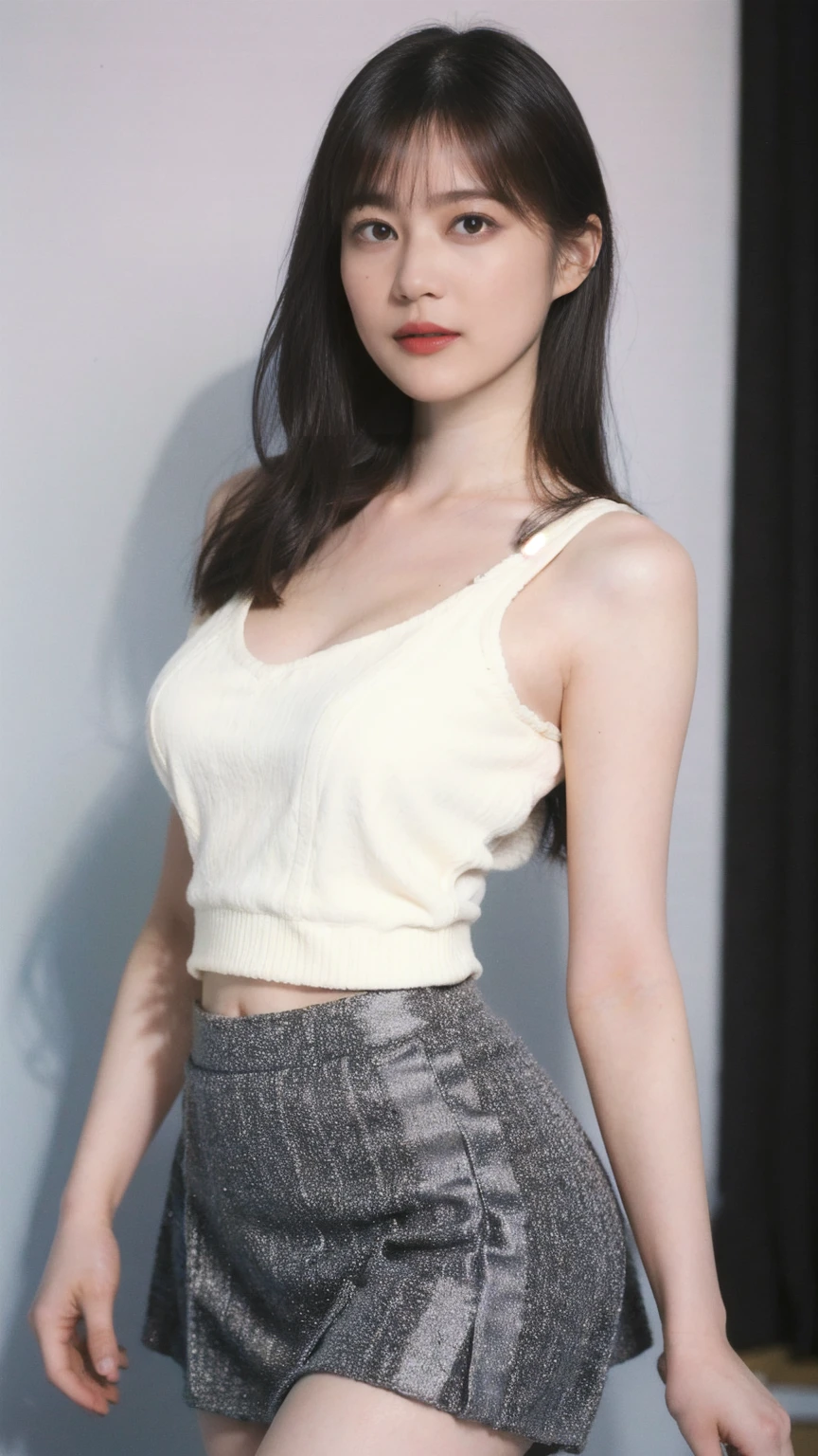 1girl, woman, masterpiece, best quality, highest quality, cinematic lighting, (volumetric lighting), extremely detailed CG unity 8k wallpaper, focused, 8k wallpaper, extremely detailed, ultra realistic, photorealistic, sharp focus, absurdres, (HDR:1.2), (high contrast), photograph, detailed and intricate, instagram, portrait, highly detailed, digital painting, artstation, concept art, smooth, sharp focus, illustration, cinematic lighting, (natural big breast), black short skirt, eyes looking at the viewer, ((medium shoulder)), (skinny legs), (slender body), (((height 163cm))), (HQ skin:1.4, Realistic human body structure), (medium body shot, hips level shot), (aerial shot photo), (knit strap tanktop, short skirt), (pale skin), big breast:1.5, cleavage, open shoulder, (show thighs), ((stick out tongue))