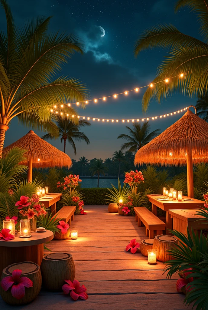 Coconut themed birthday party without people with lights like at night